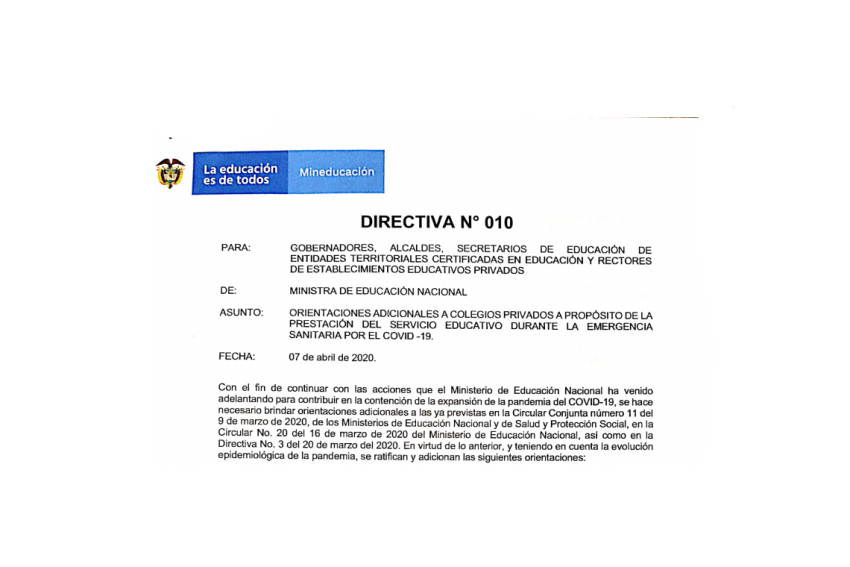 Directiva No 010 – 07 de abril de 2020